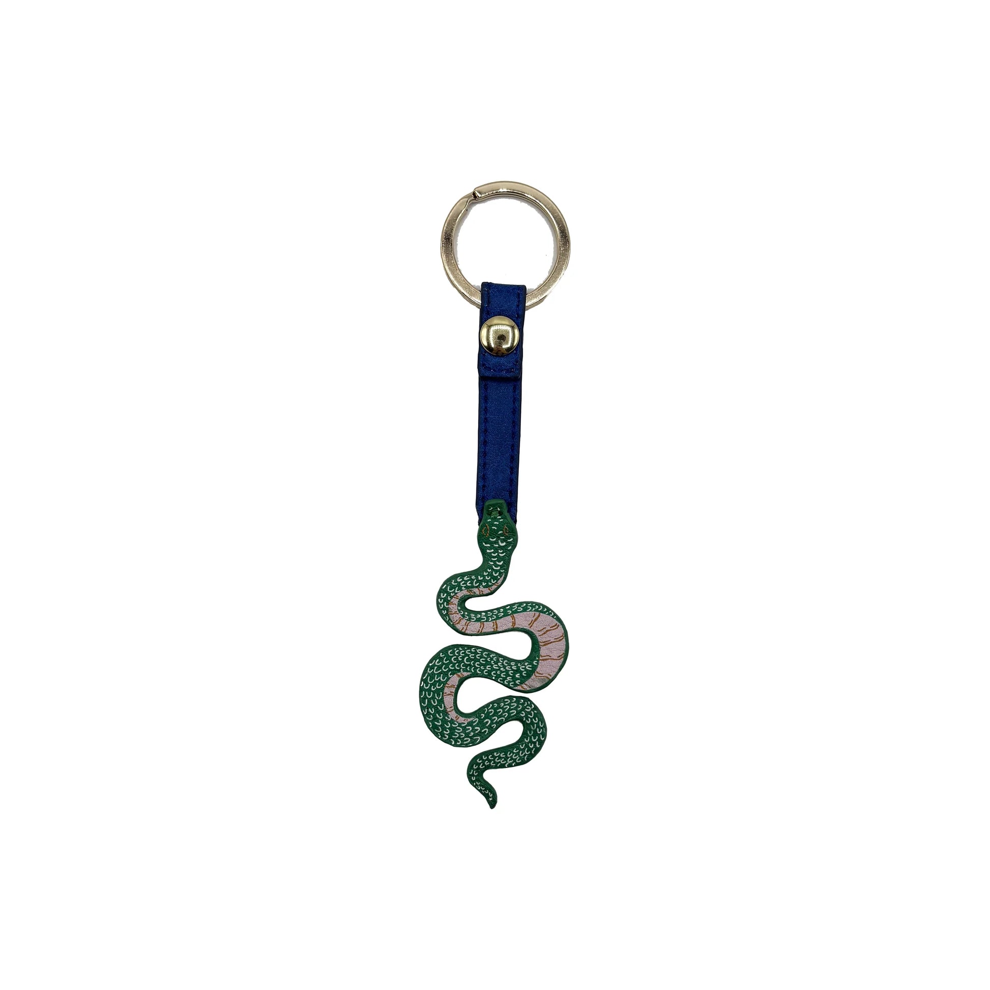 Studio shot of snake keyring with printed green snake design, gold ring, and blue strap.