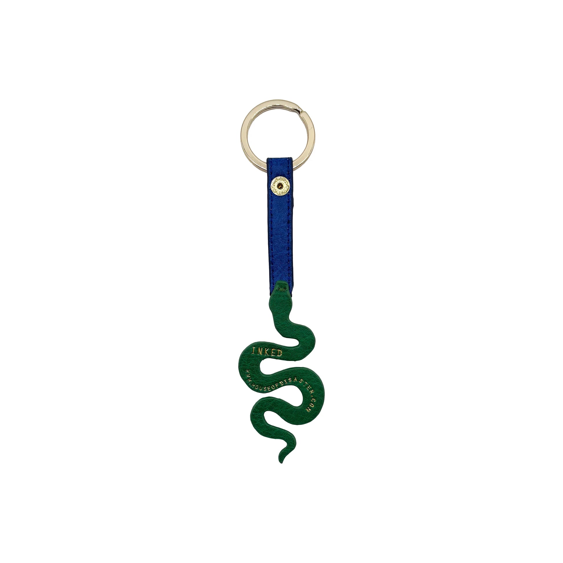 Back view of snake keyring showing plain green PVC with “INKED” branding and blue vegan strap detail.