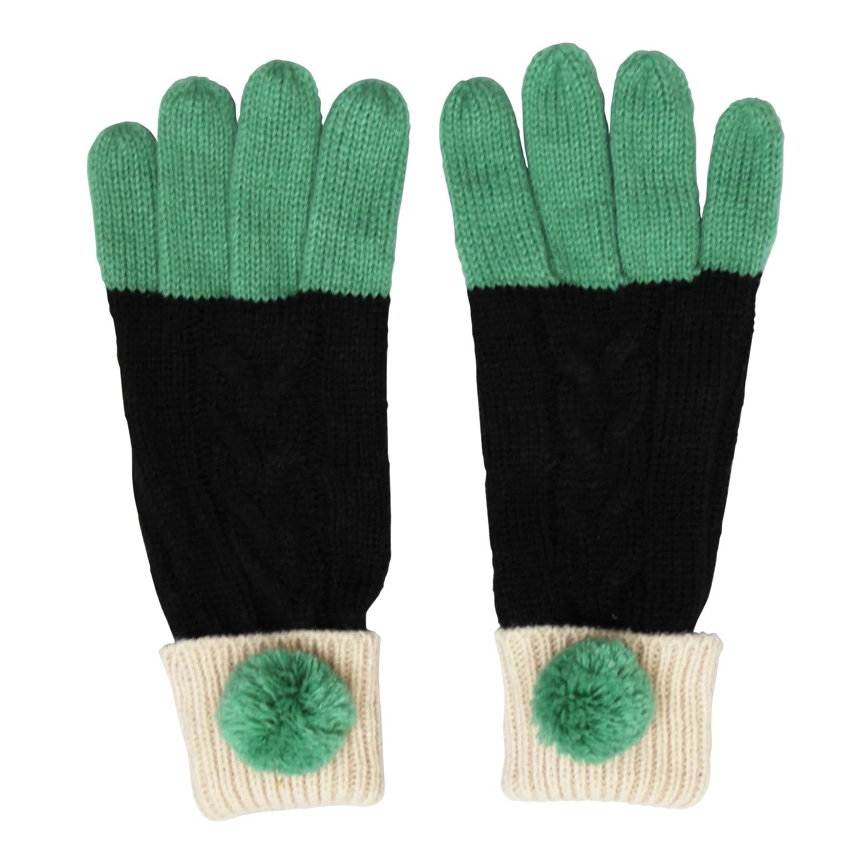 Flat lay of Loop Black Gloves with mint green fingers and black body, cream ribbed cuffs featuring mint pom-poms.