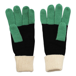 Reverse view of Loop Black Mittens showing plain black knit body, green fingertips, and cream ribbed cuffs without pom-poms.