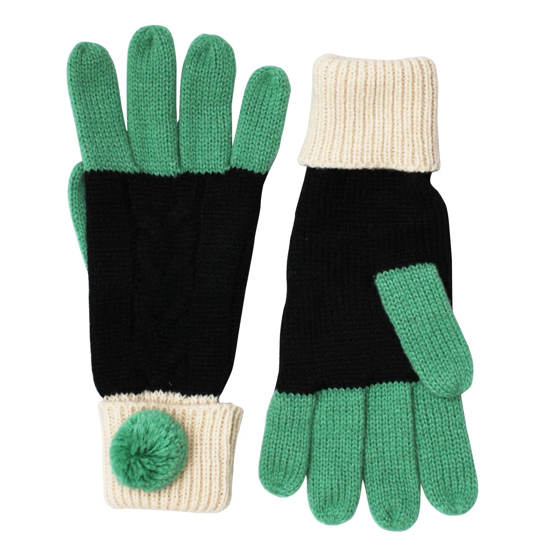 Front and back of Loop Black Gloves side by side, featuring mint green fingers, black knit design, and cream cuffs with pom-pom detail.