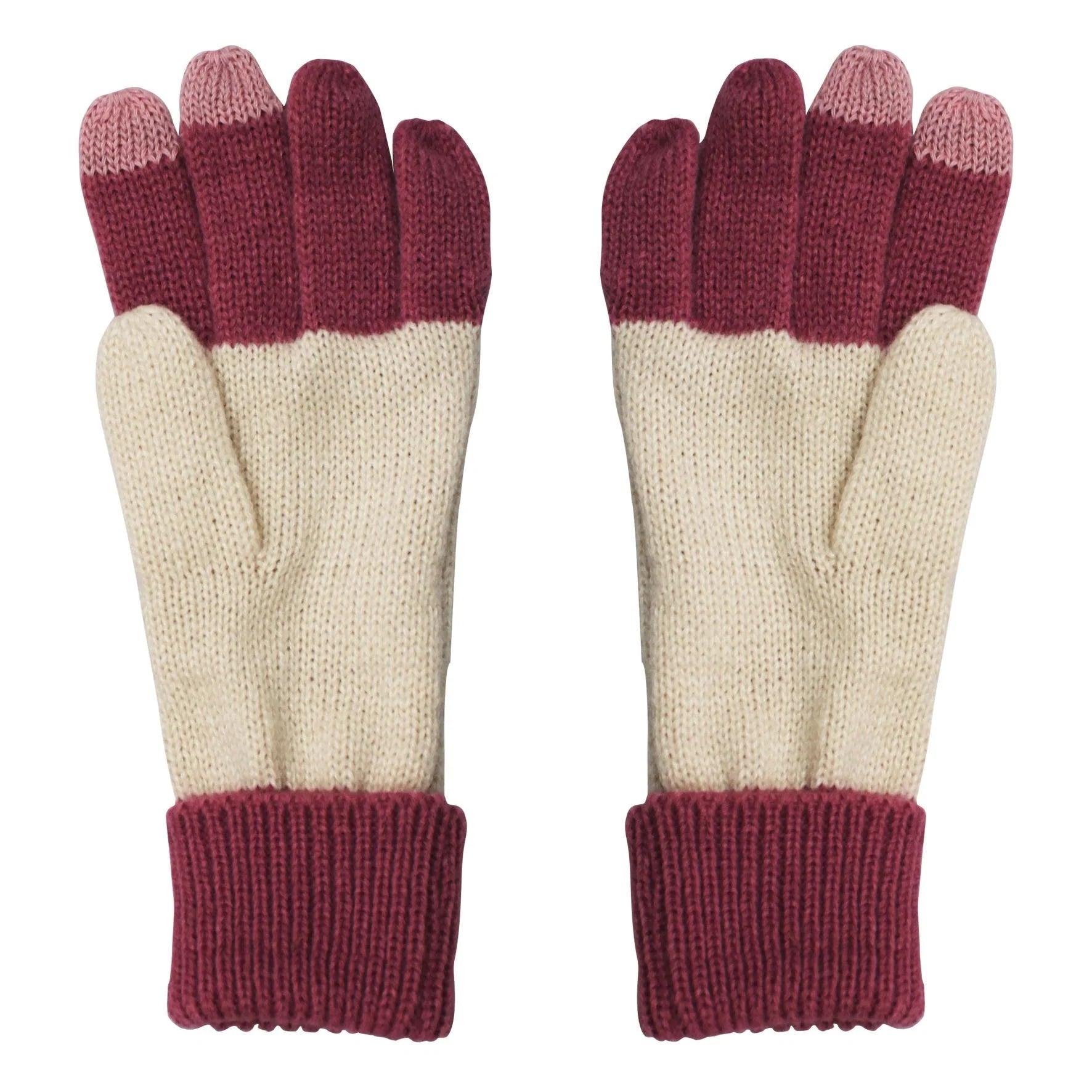 Back view of Loop Cream Gloves with cream and berry knit design and touchscreen-friendly fingertips.