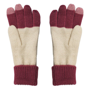 Back view of Loop Cream Gloves with cream and berry knit design and touchscreen-friendly fingertips.