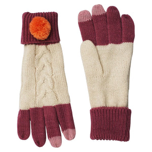 Front and back view of Loop Cream Gloves with cream cable knit, berry tips, and orange pom-pom detail.
