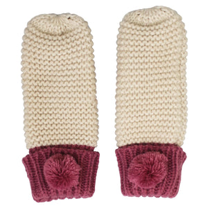 Flat lay of Loop Cream Mittens showing cream knit body and berry ribbed cuffs with pom-pom accent.