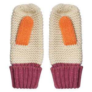Flat lay of Loop Cream Mittens highlighting orange knitted thumbs, cream textured knit, and berry cuffs with pom-poms.