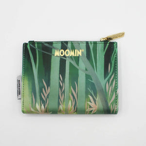 Back of the Moomin Forest Purse with green forest design and gold MOOMIN logo printed on top.