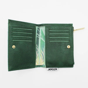 Interior of the purse showing multiple card slots and a section for notes, all in deep green with patterned lining.
