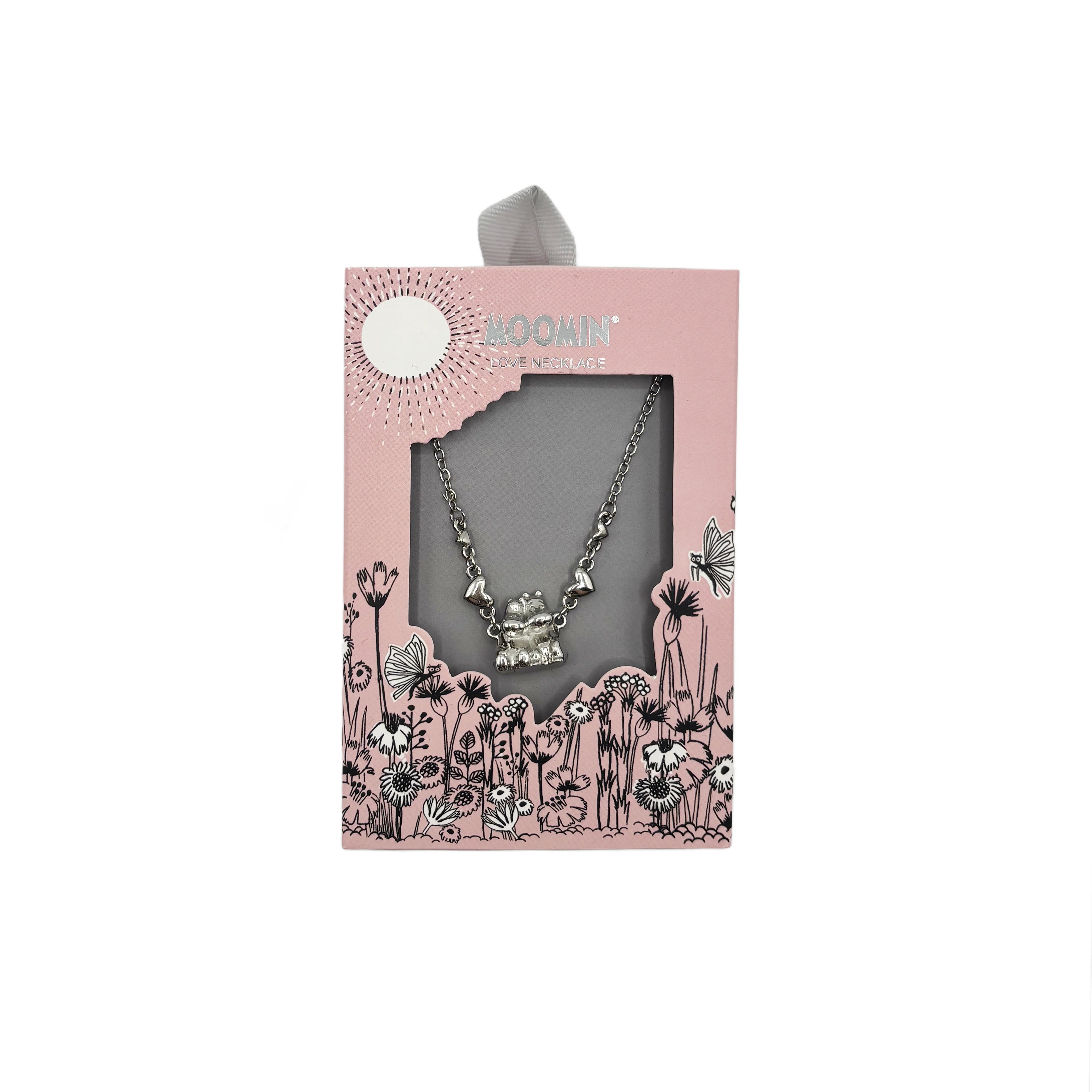 Front view of Moomin necklace in box with Moomintroll and Snorkmaiden pendant visible through window.