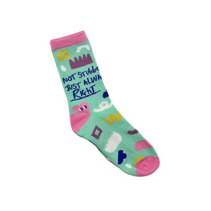 Single bamboo sock angled to display “Not stubborn, just always right” text and colourful graphics clearly.
