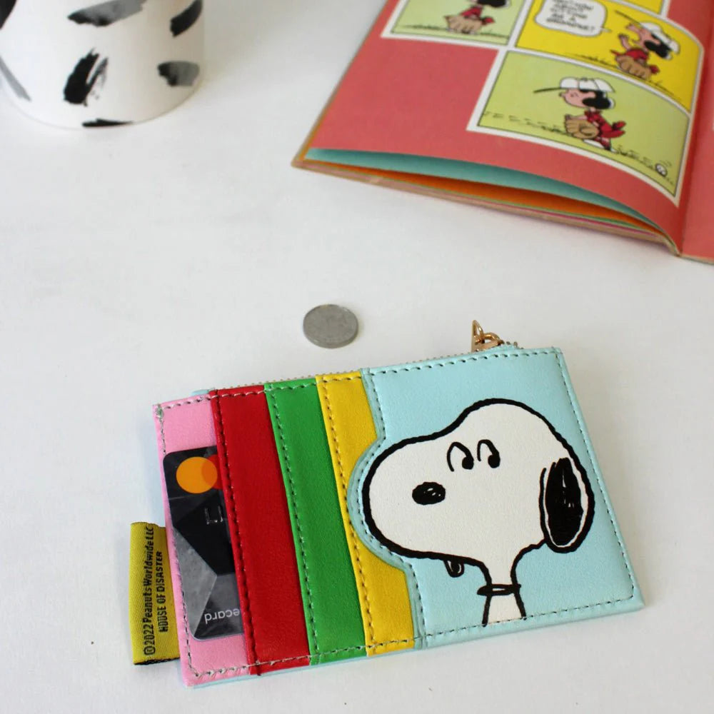 Reverse of Snoopy purse with colourful card slots and Snoopy face illustration.