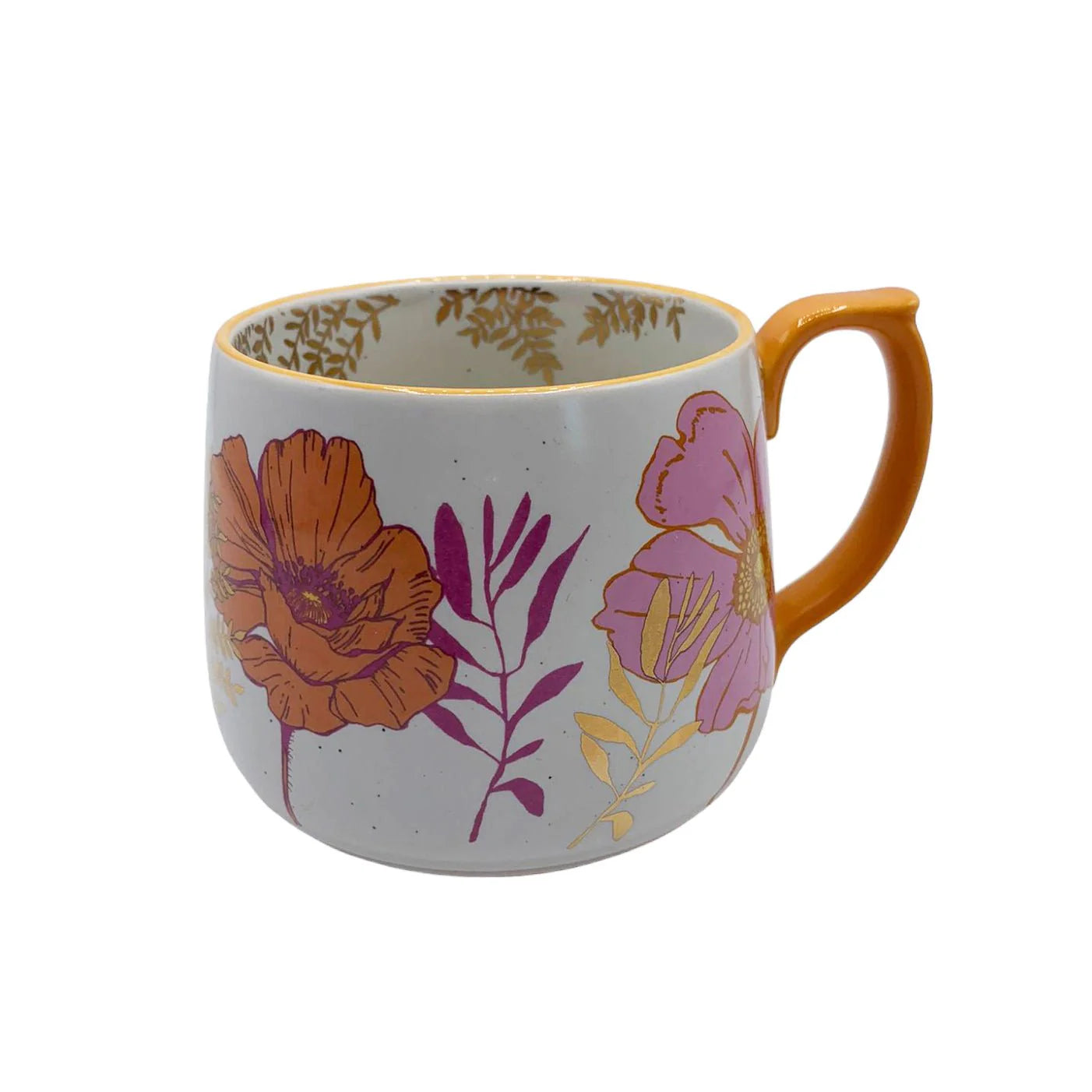 Front-facing image of Posy Orange Mug – floral ceramic cup with bold flower design and vibrant orange handle.