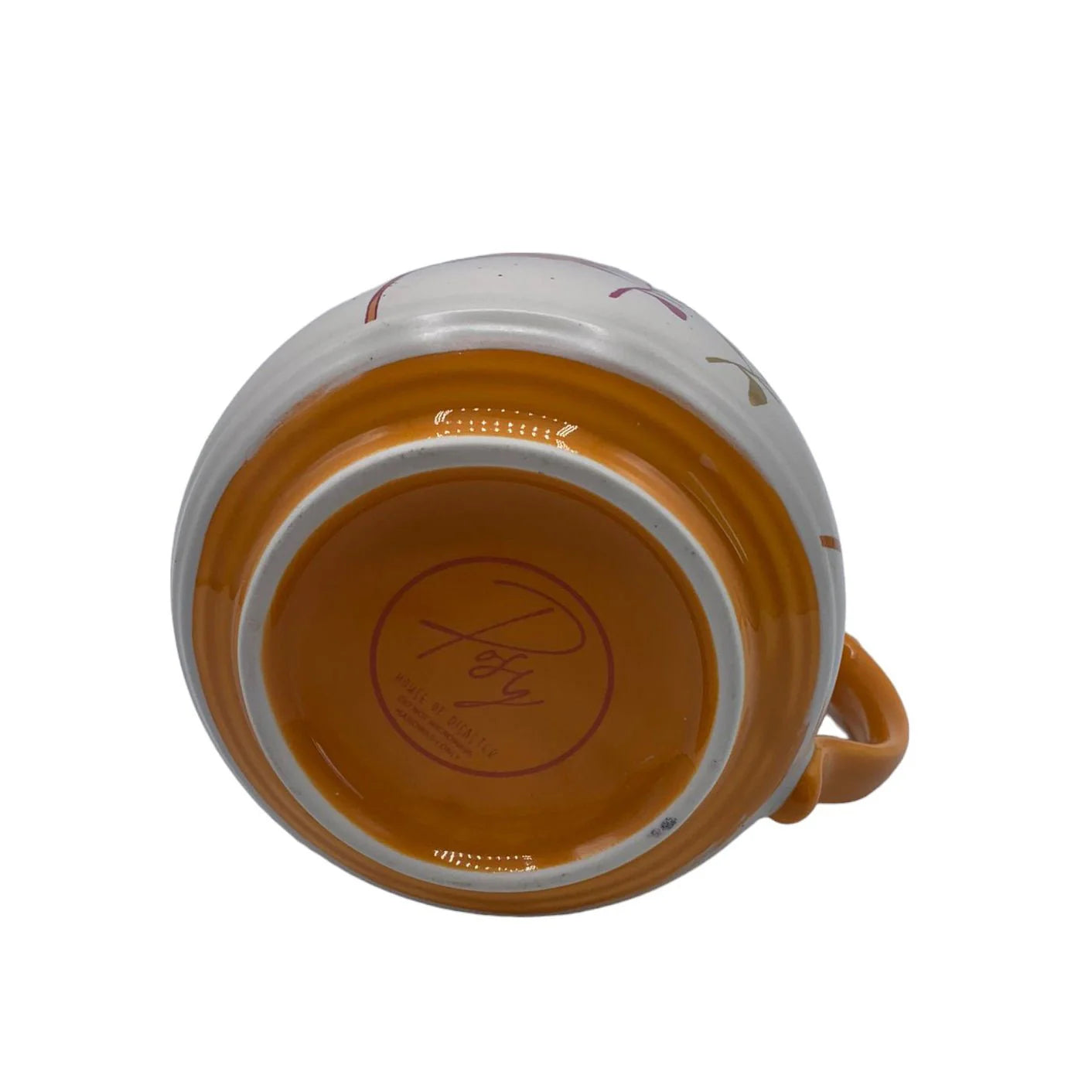 Base of Posy Orange Mug showing orange bottom and brand stamp – close-up of ceramic floral cup from House of Disaster.