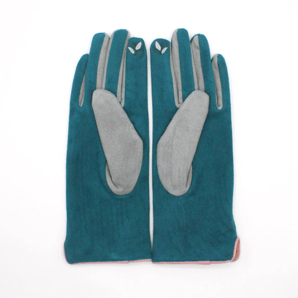 Back view of teal gloves showing soft grey palm and touchscreen-compatible index fingers.