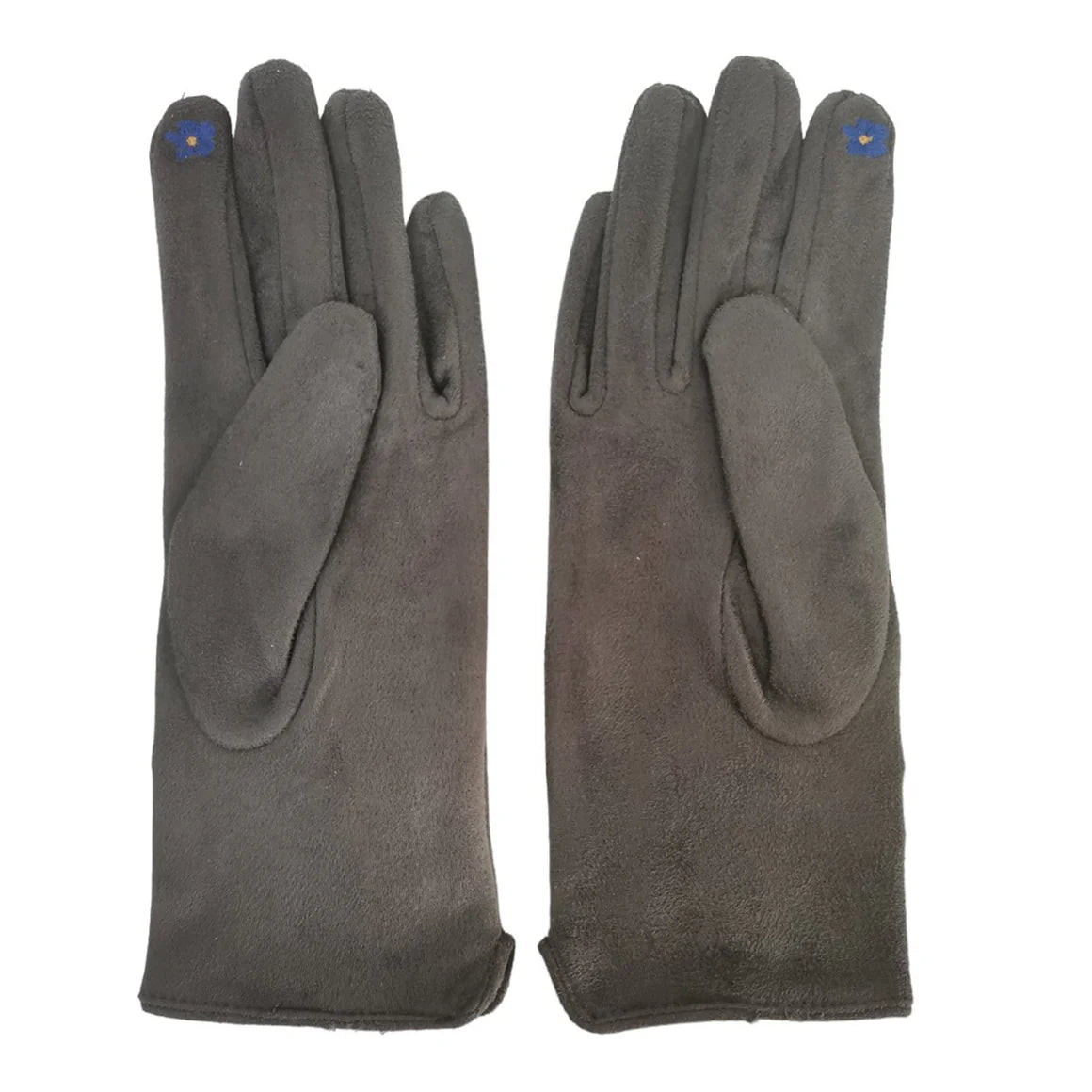 Flat lay showing the inner side of grey gloves made from soft faux suede, featuring subtle stitched seams and blue embroidered touchscreen detail on both thumbs.