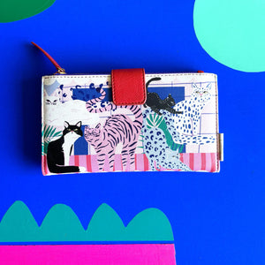 Front view of the House of Disaster Catnip Cat Wallet, featuring a colourful illustrated cat design.