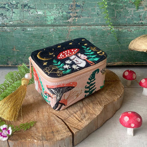 Forage Black Trinket Box with embroidered mushroom and gold detailing on a velvet lid.