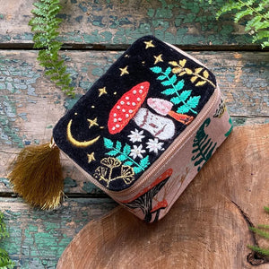 Top view of the Forage Black Trinket Box featuring a mystical mushroom scene under a starry sky.