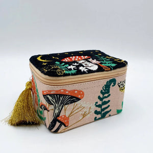 Front angle of the jewellery box with detailed embroidery and pearl bead tassel.