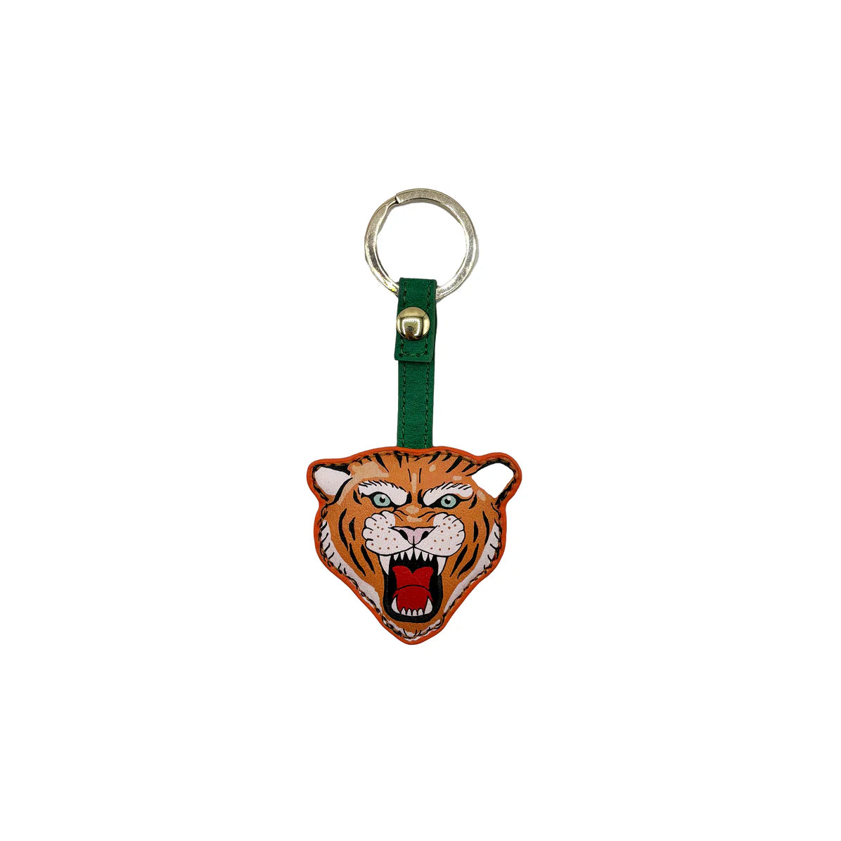 Studio shot of Inked Tiger Keyring showing fierce printed tiger face and brass keyring detail.