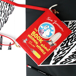 A stylish red Moomin Book Bag featuring original artwork from Moomin, Mymble and Little My with a detachable strap.