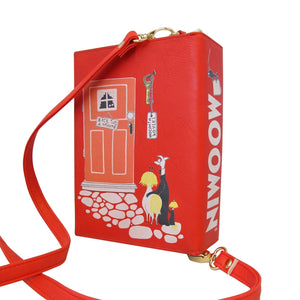 The back of the bag featuring whimsical Moomin-themed illustrations and a red leather-textured finish.