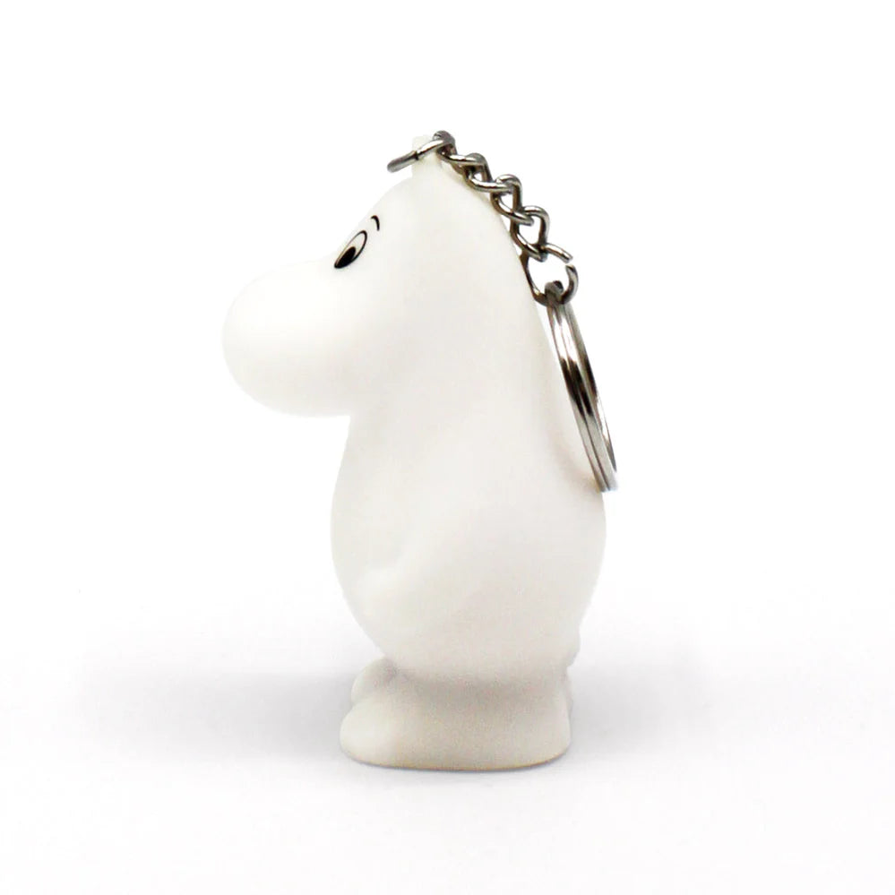 Side profile of the Moomin keyring, showing its rounded shape and attached keyring chain.