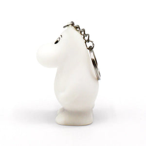 Side profile of the Moomin keyring, showing its rounded shape and attached keyring chain.