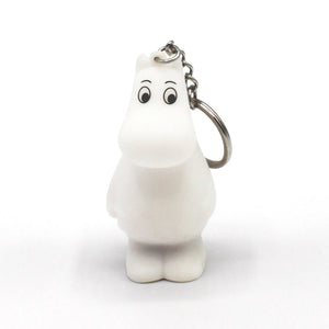 Front view of the Moomin light-up keyring with a neutral white finish and a metal keychain.