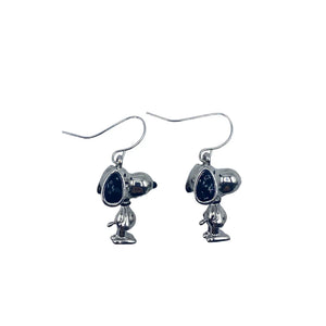 Pair of silver Snoopy earrings on a white background, featuring a minimalist design with black enamel accents.