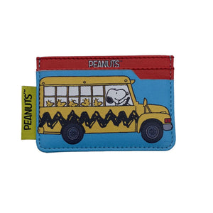 Angled view of the Peanuts Bus Cardholder, highlighting its slim profile and travel-friendly design.