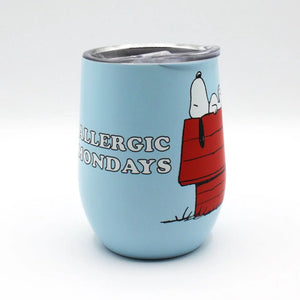 Another side view of the mug, showcasing Snoopy on his red doghouse against the light blue stainless steel surface.