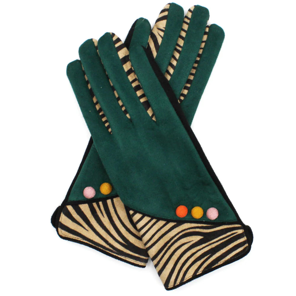 Crossed zebra animal print gloves with bold green panels and playful button detail.