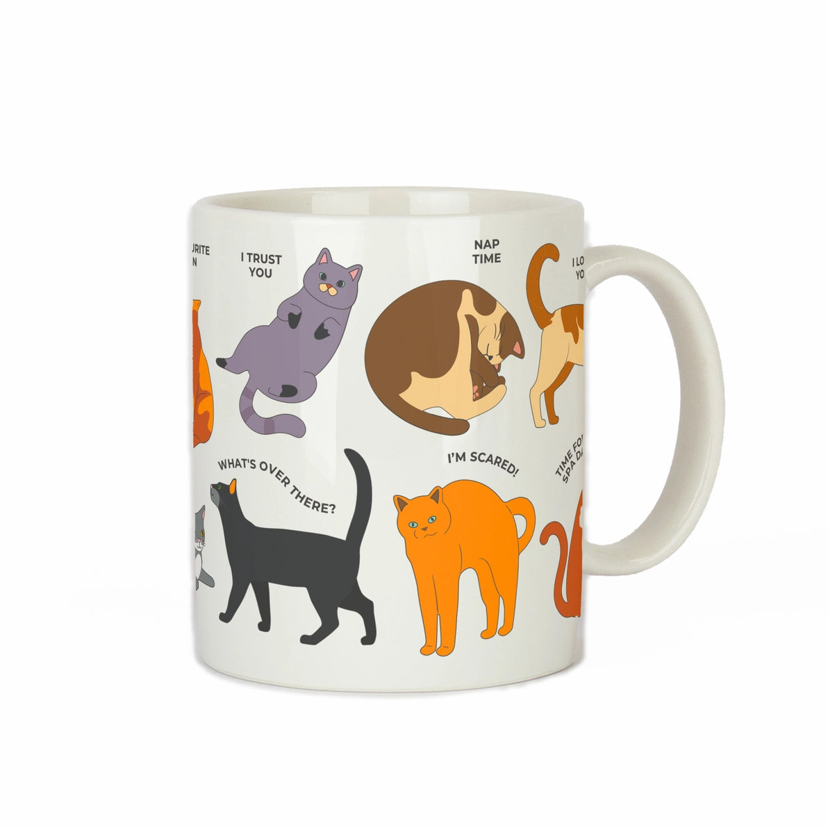 How to Speak Cat Mug featuring illustrated cats and meanings.