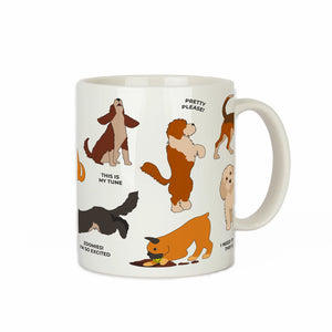 Back view of the How to Speak Dog Mug showing colourful dog illustrations with captions like “This is my tune,” “Zoomies! I’m so excited,” and “Pretty please!” on a white ceramic background.