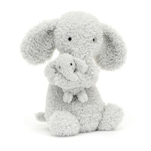 Straight On View: Jellycat Huddles Grey Elephant displayed straight on, highlighting the heartwarming scene of a parent elephant cuddling its baby. Both boast wonderfully ruffled dove-grey fur and adorable details like folded ears and short tails.