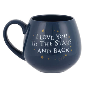 Round blue ceramic mug decorated with gold stars and the message "I love you to the stars and back" written across the front.
