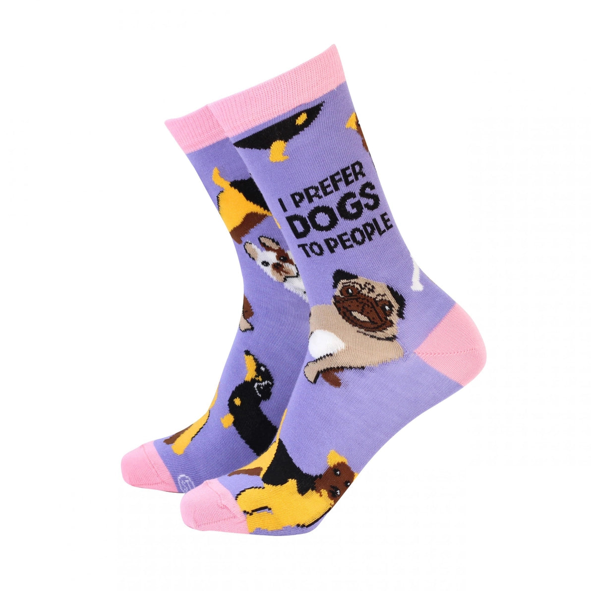 Pair of women’s bamboo socks with “I Prefer Dogs to People” text and colourful dog illustrations on a lilac background with pink toes and cuffs.