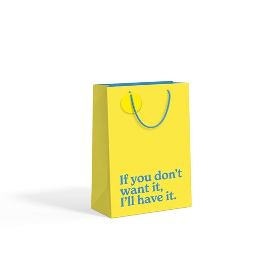 Yellow medium gift bag with teal slogan text on white background.