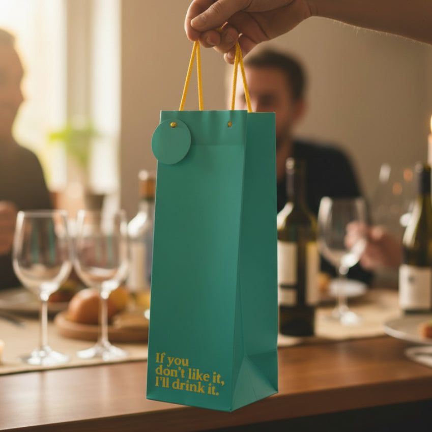 Teal bottle gift bag held at dinner table with wine glasses