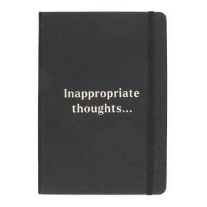 Front cover of Inappropriate Thoughts A5 Notebook in black with bold white text and elastic closure.