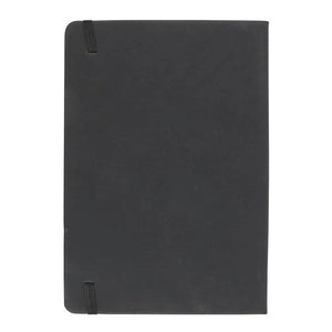 Back view of plain black A5 notebook with elastic band.