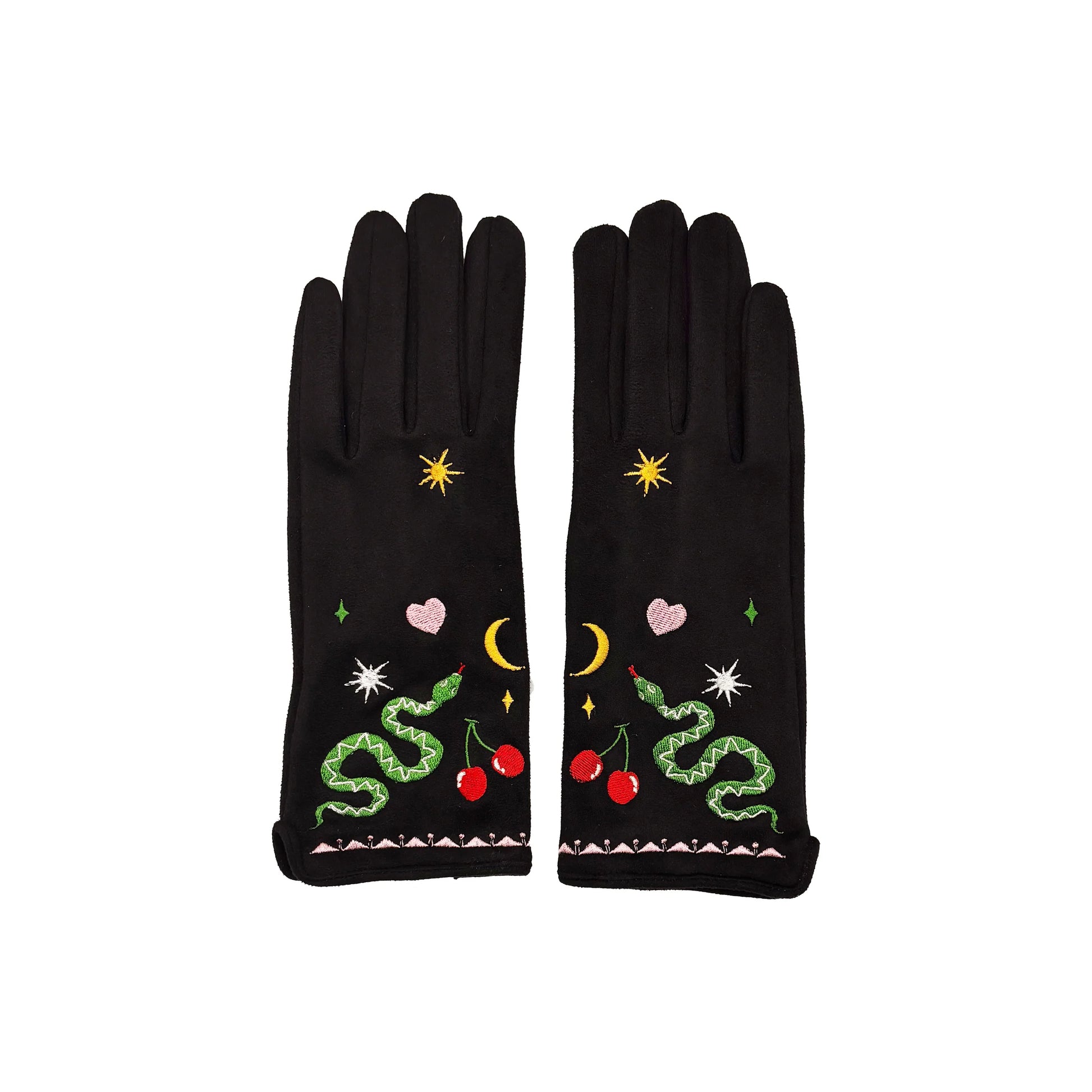 Pair of Inked Embroidered Snake Gloves laid flat on white background showing full embroidered pattern.