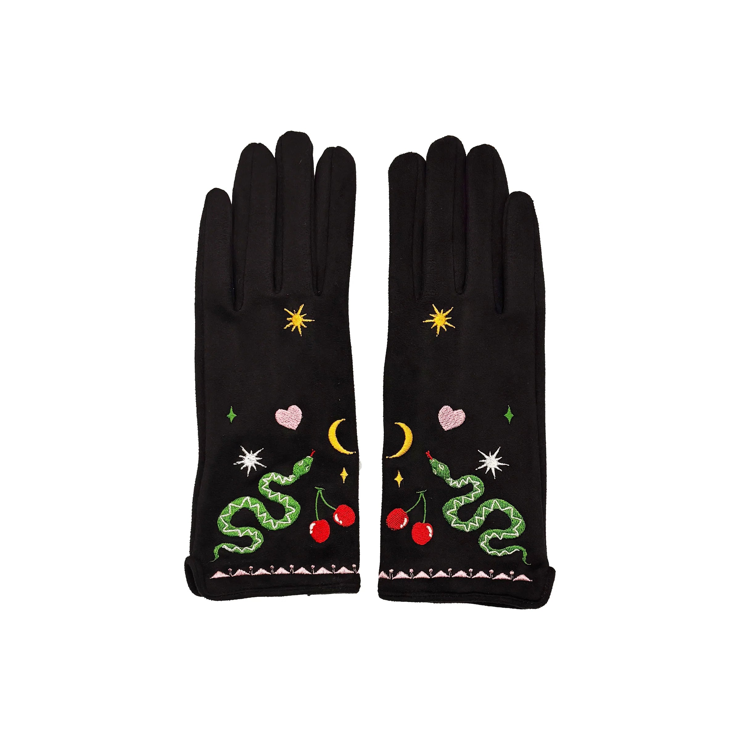Pair of Inked Embroidered Snake Gloves laid flat on white background showing full embroidered pattern.
