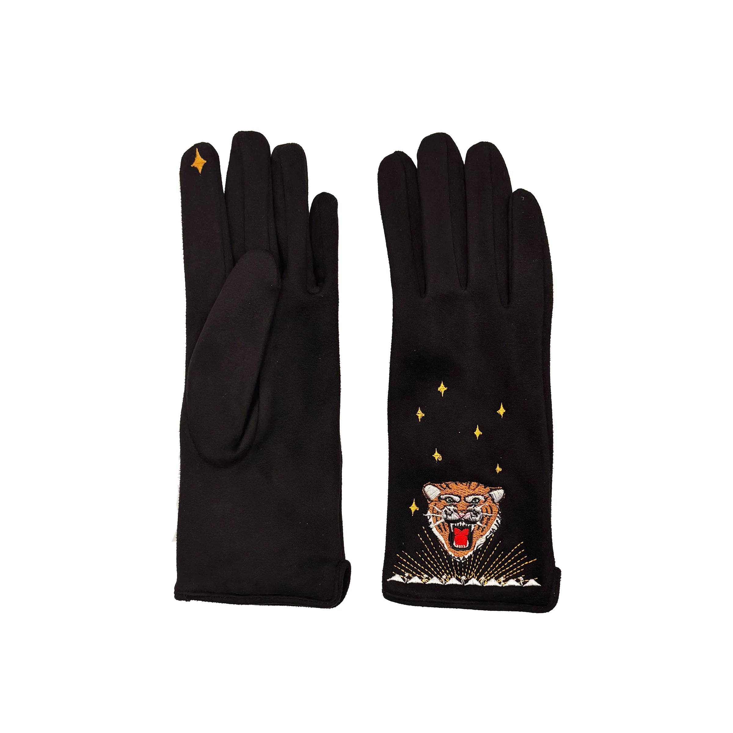 Pair of Inked Embroidered Tiger Gloves laid flat on white background showing tiger embroidery and gold star design.