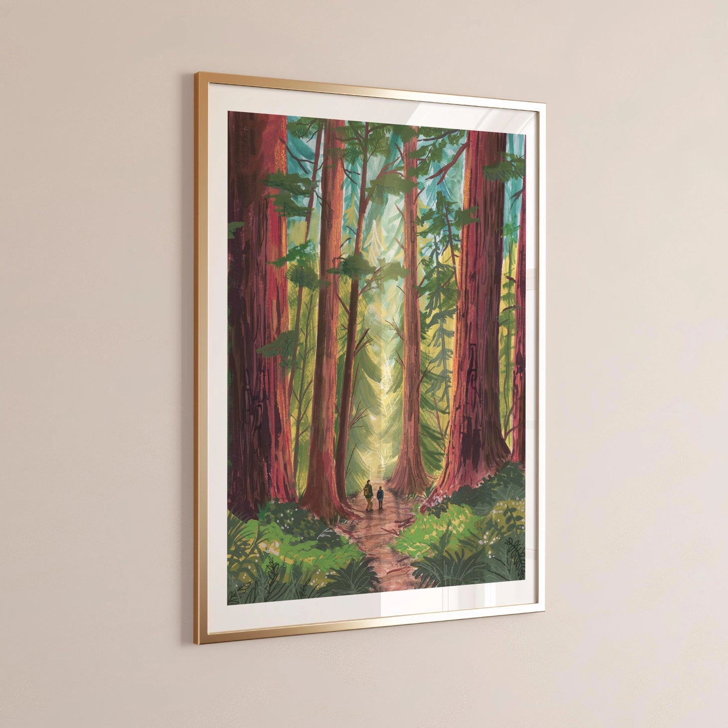 Close-up side view of Into the Trees Version 2 giclée art print by Charis Raine Illustration, showing tall redwood forest landscape.