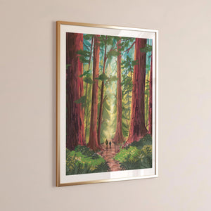 Close-up side view of Into the Trees Version 2 giclée art print by Charis Raine Illustration, showing tall redwood forest landscape.