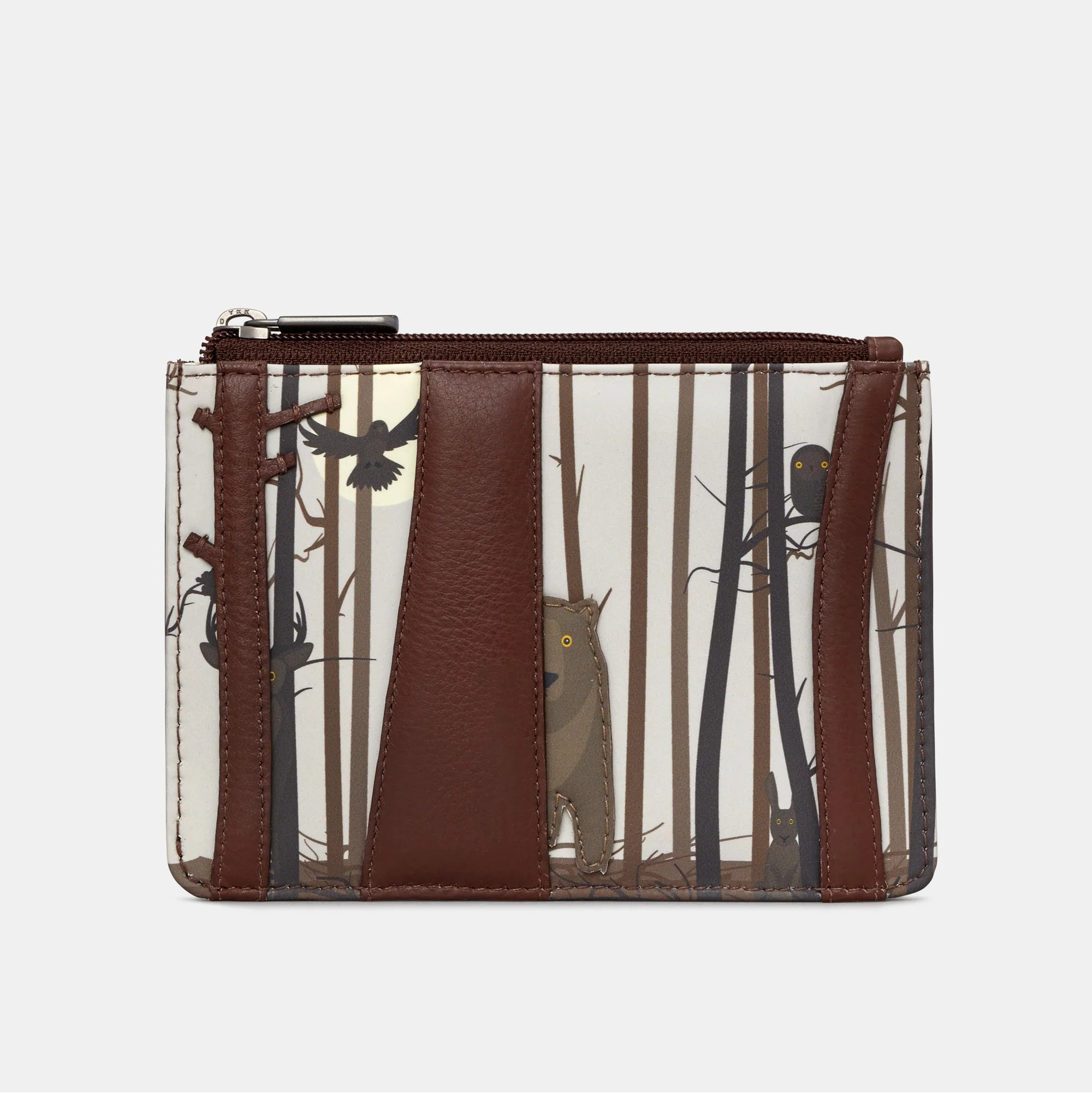 Into the Wild brown leather zip top purse with woodland animal appliqué design by Yoshi.