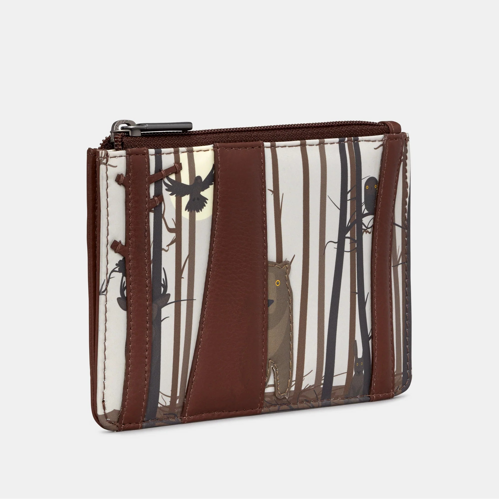 Side view of Into the Wild Yoshi brown leather purse with zip fastening and appliqué details.