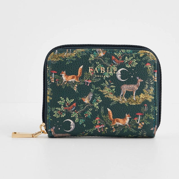 Close-up of Into the Woods Green Small Purse with woodland animals and moon design.